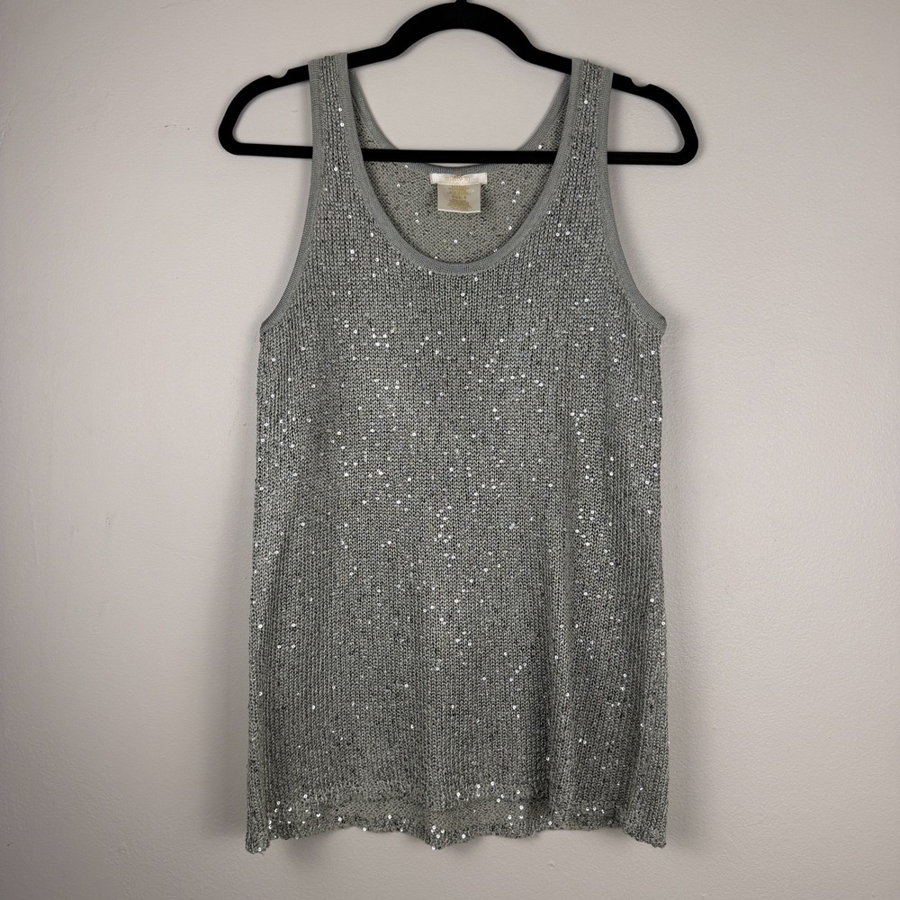 Matty M Tank Top Women's Small Gray Silver Sequin Knit Sleeveless Scoop Neck